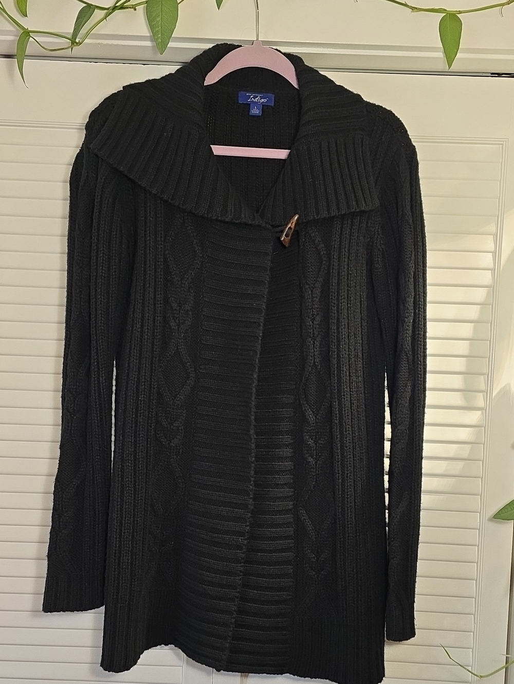 Vintage Indigo Black Cable Knit Shawl-Collar Cardigan